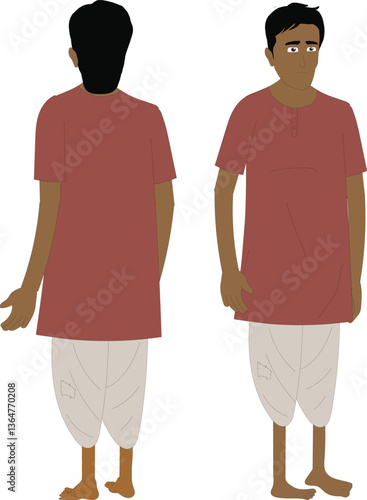 Indian Poor farmer character in tretiional dress like dhoti and kurta.Asian man cartoon character isolated on white background