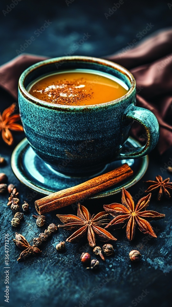 A cup of spiced beverage sits with various spices around A cup of spiced beverage sits with various spices around