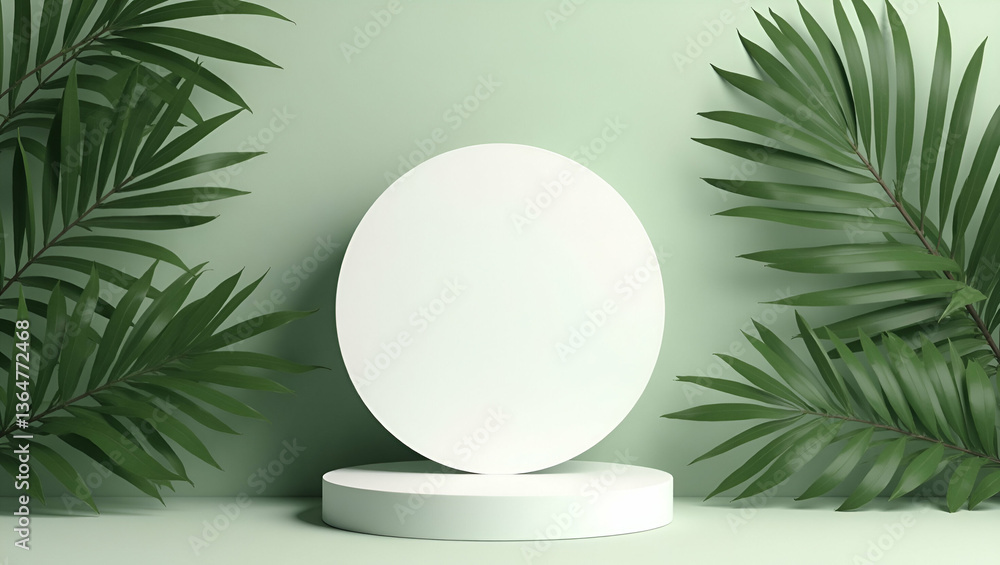 Stylish Flat White Podium Mockup for Organic Cosmetic Products on Green Eco Forest Background Stylish Flat White Podium Mockup for Organic Cosmetic Products on Green Eco Forest Background