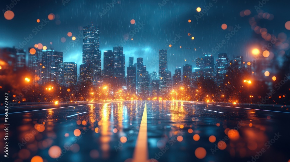 Fototapeta premium Rainy Night Cityscape: A Breathtaking View of a Modern Metropolis Under the Rain