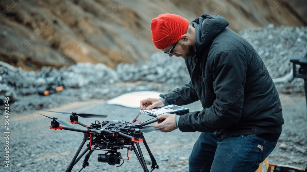 A drone technician developing inspection drones for infrastructure monitoring, industrial site with drones, structural components A drone technician developing inspection drones for infrastructure monitoring, industrial site with drones, structural components