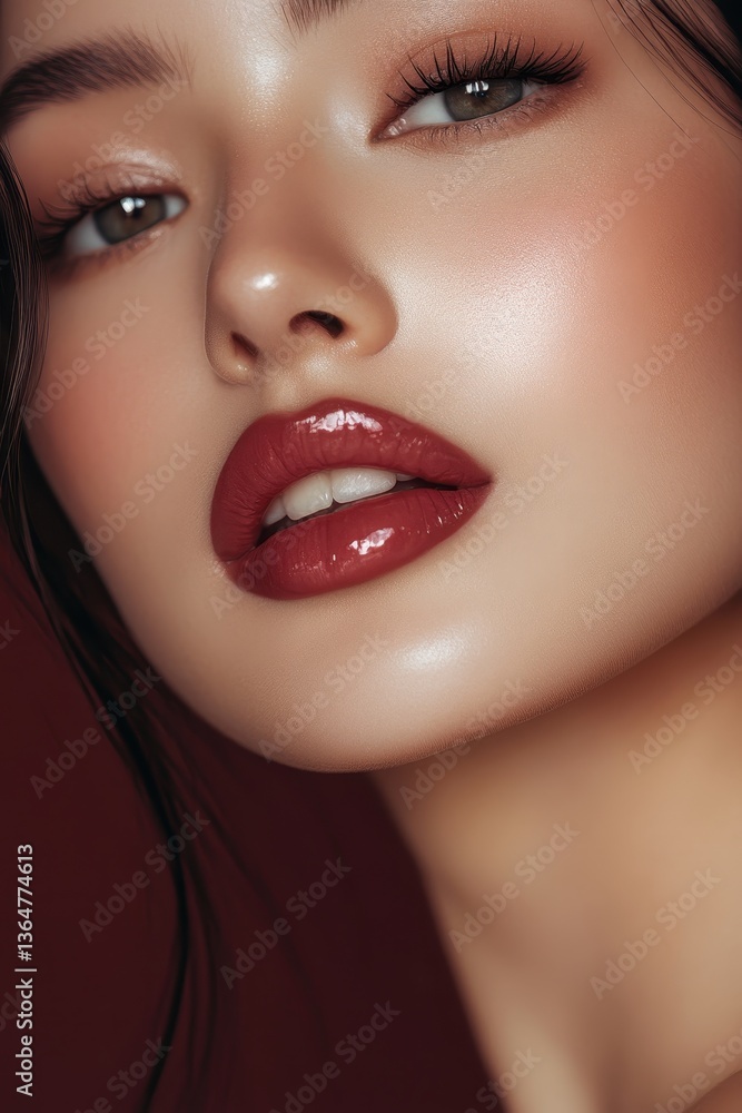 Glamorous Portrait: A stunning close-up portrait of an Asian woman, showcasing her flawless skin, radiant makeup, and captivating gaze, with focus on glossy lips and perfect features. Glamorous Portrait: A stunning close-up portrait of an Asian woman, showcasing her flawless skin, radiant makeup, and captivating gaze, with focus on glossy lips and perfect features.