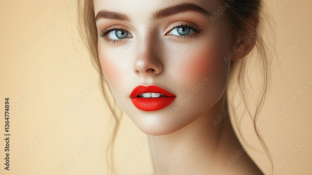 Radiant Beauty: A captivating close-up of a woman's face, highlighting her flawless skin, striking blue eyes, and vibrant red lipstick, embodying elegance and sophistication. Radiant Beauty: A captivating close-up of a woman's face, highlighting her flawless skin, striking blue eyes, and vibrant red lipstick, embodying elegance and sophistication.