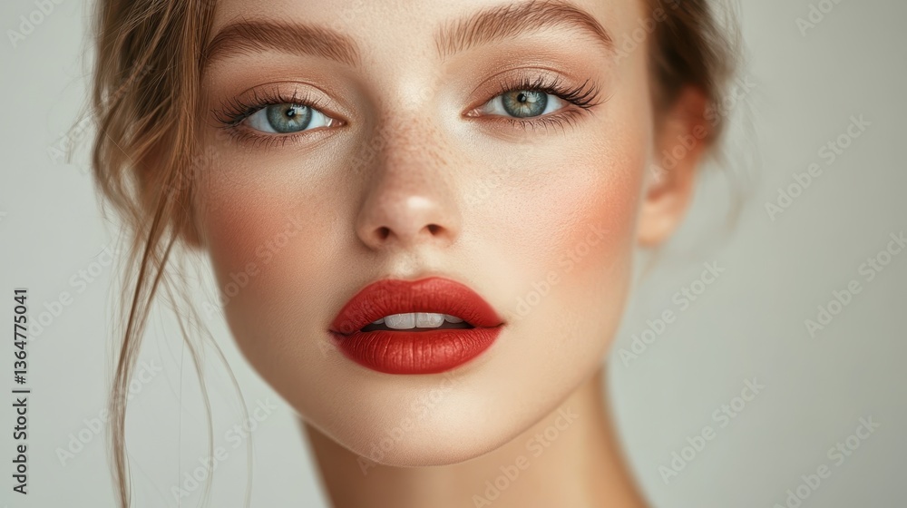 Radiant Beauty Portrait: A captivating portrait of a woman with flawless complexion, a striking gaze, and a touch of red lipstick, radiating timeless beauty. Radiant Beauty Portrait: A captivating portrait of a woman with flawless complexion, a striking gaze, and a touch of red lipstick, radiating timeless beauty.