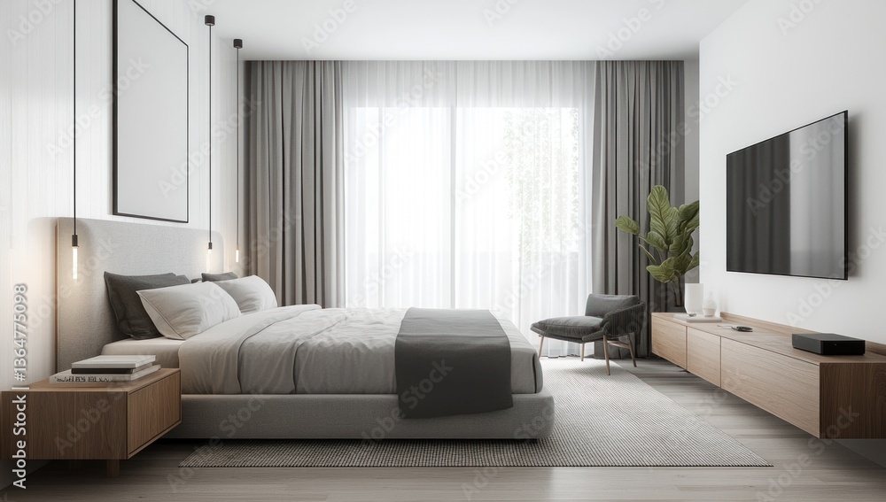 A modern bedroom design displaying furniture and lighting fixtures well A modern bedroom design displaying furniture and lighting fixtures well