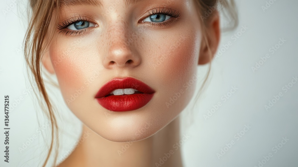 Radiant Beauty: A close-up portrait of a woman, with a focus on her face, highlighting her elegant features, delicate skin, striking eyes, and luscious red lips. Radiant Beauty: A close-up portrait of a woman, with a focus on her face, highlighting her elegant features, delicate skin, striking eyes, and luscious red lips.