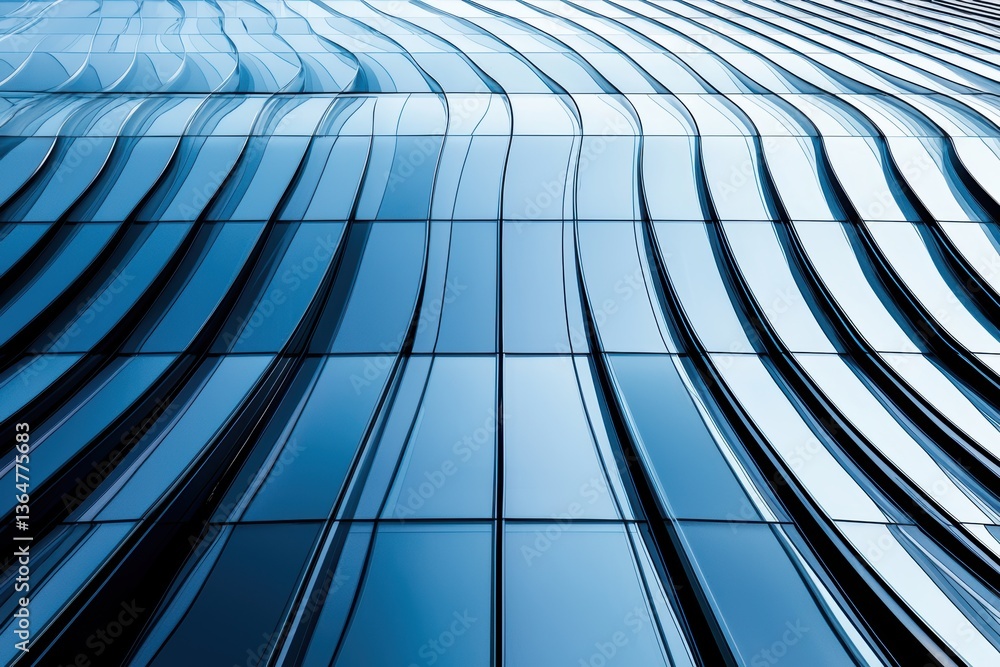 Obraz premium Modern architecture detail with flowing curved metal panels over vertical glass fins, showcasing dynamic rhythm and futuristic facade design