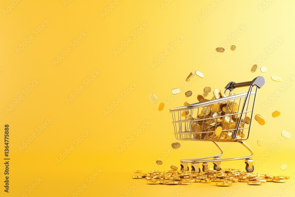 Shopping cart overflowing with golden coins and currency representing financial growth earnings and monetary abundance The concept of wealth prosperity and successful investments Shopping cart overflowing with golden coins and currency representing financial growth earnings and monetary abundance The concept of wealth prosperity and successful investments