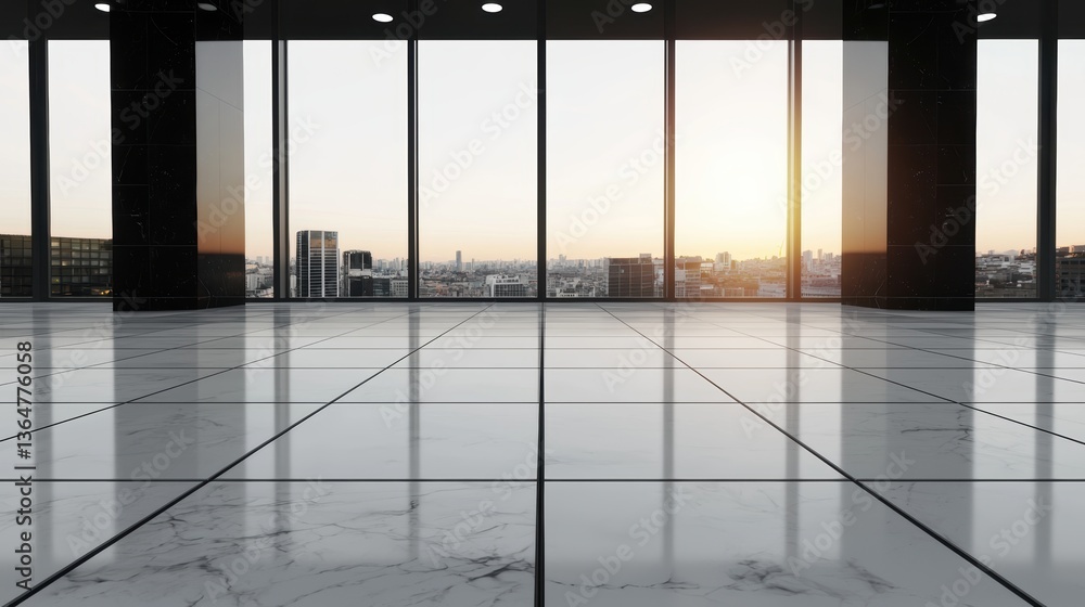 Fototapeta premium Realistic urban office tower with modern reflective facade, panoramic city background, elegant and futuristic architectural style, clean lines