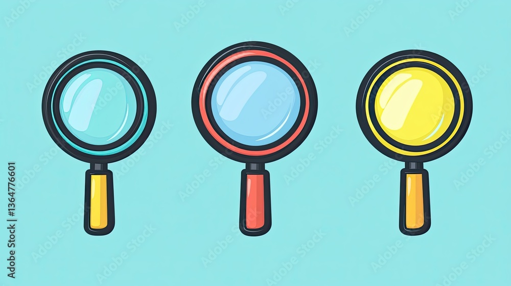 Colorful Magnifying Glasses Creating Playful Patterns isolated on colorful background Colorful Magnifying Glasses Creating Playful Patterns isolated on colorful background
