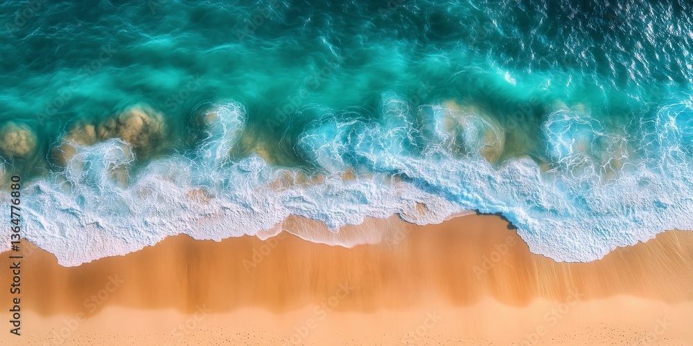 Aerial view of vibrant turquoise ocean waves washing onto a pristine sandy beach, featuring clear water textures and detailed wave foam patterns — ideal for coastal, nature, or travel concepts. Aerial view of vibrant turquoise ocean waves washing onto a pristine sandy beach, featuring clear water textures and detailed wave foam patterns — ideal for coastal, nature, or travel concepts.