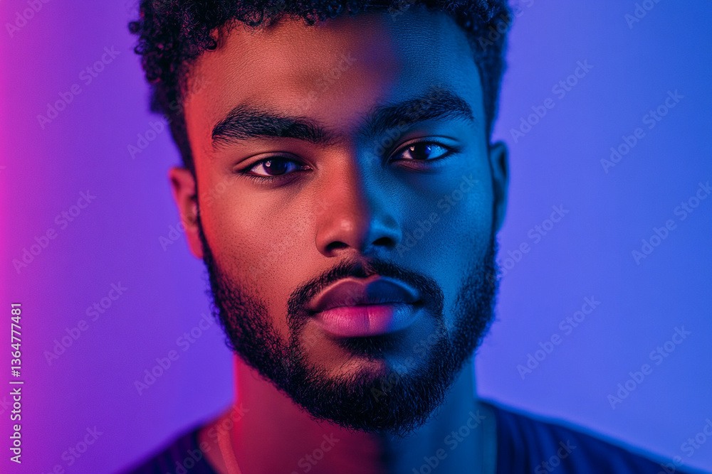 Fototapeta premium A portrait of a handsome young man with short, curly black hair and a well-groomed beard, illuminated by dynamic, colorful lighting.