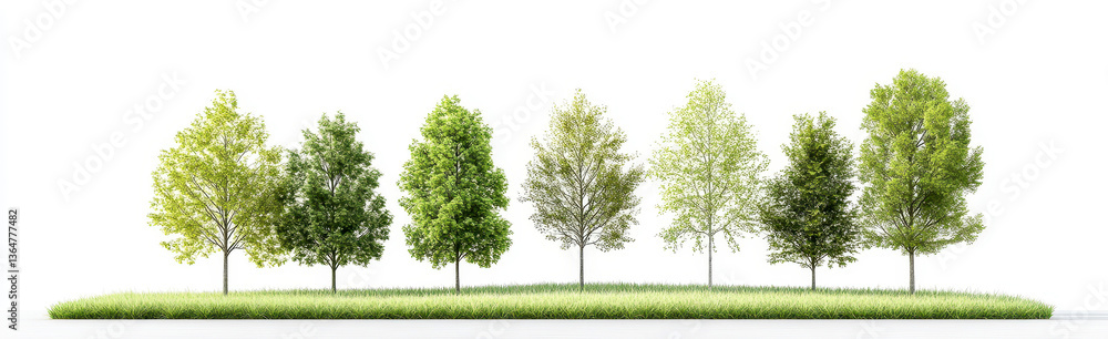 Fototapeta premium Row of green trees isolated on a white background with grassy base