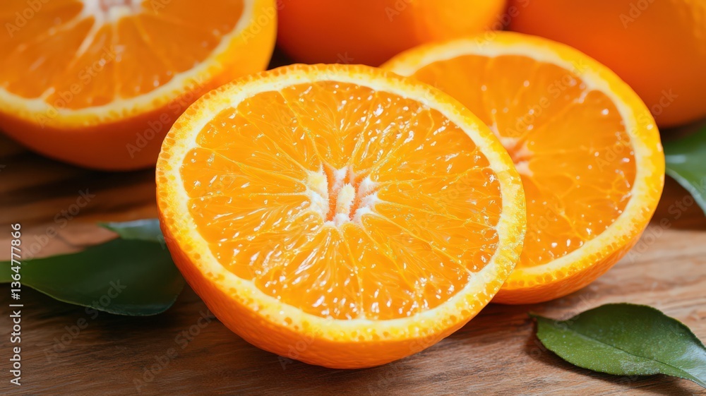 Juicy Orange Slices on Wooden Surface Juicy Orange Slices on Wooden Surface