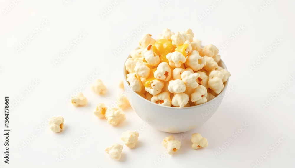 Single serving of crunchy golden popcorn with melted butter isolated on a clean white background Single serving of crunchy golden popcorn with melted butter isolated on a clean white background