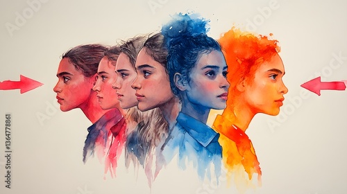 Colorful female profiles, side-by-side, abstract background