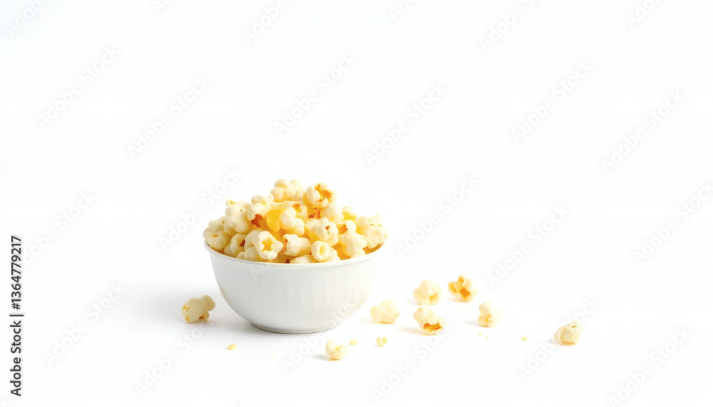 Single serving of crunchy golden popcorn with melted butter isolated on a clean white background Single serving of crunchy golden popcorn with melted butter isolated on a clean white background
