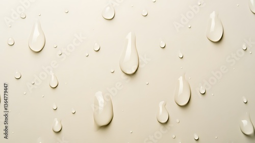 Close-up of water droplets, clear moisture on light surface, evoking freshness and tranquility, perfect for nature themes.