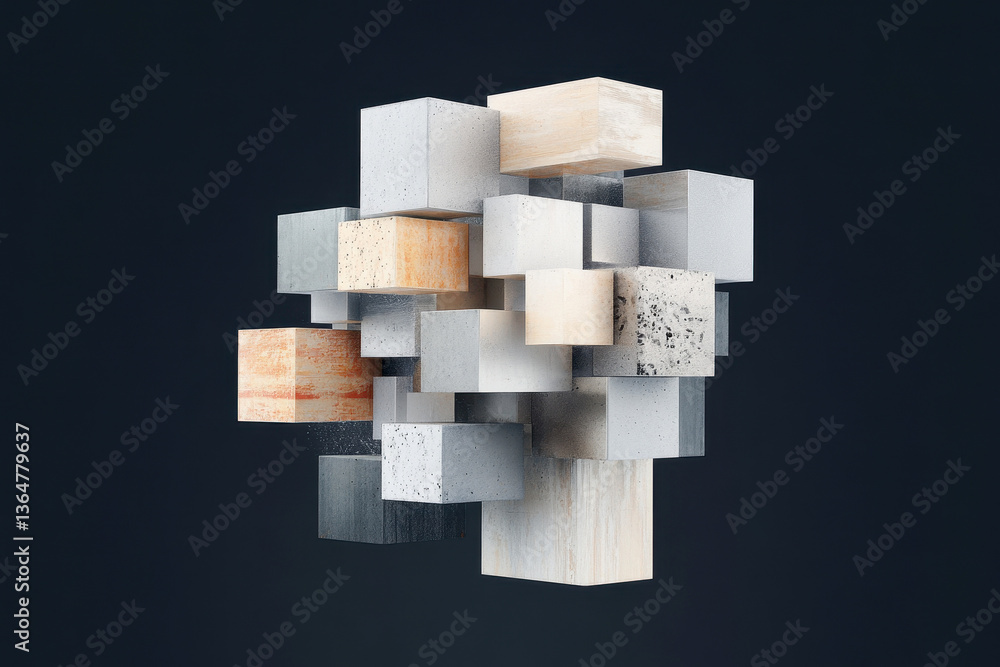Abstract floating geometric cubes composition on a dark background