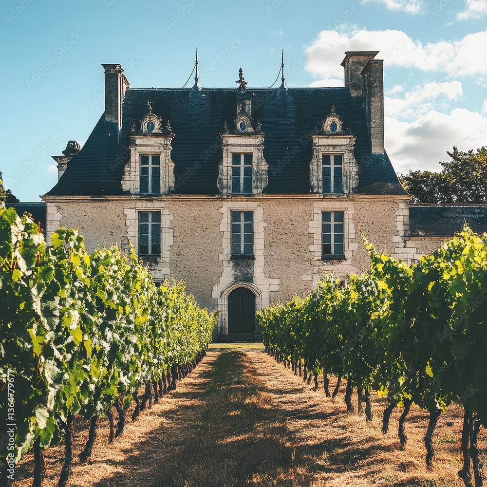 Fototapeta premium Elegant rustic French chateau surrounded by verdant vineyards