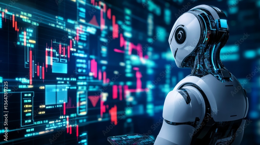 A machine learning engineer applying AI to financial market analysis, high-tech trading floor with AI-enhanced financial models and real-time stock data, Futuristic style A machine learning engineer applying AI to financial market analysis, high-tech trading floor with AI-enhanced financial models and real-time stock data, Futuristic style