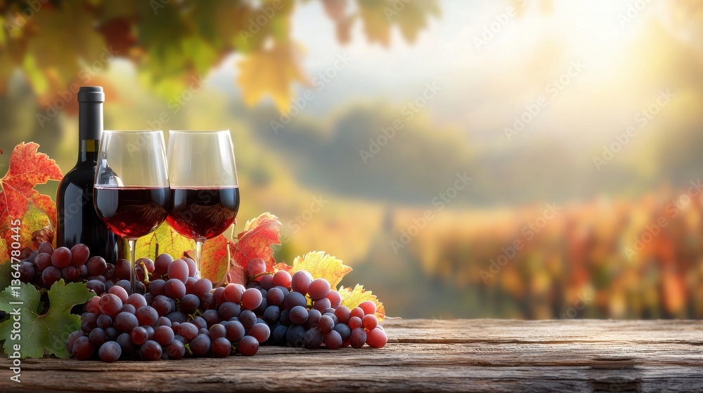 Fototapeta premium Cozy autumn vineyard scene with red wine glasses a bottle of red wine and fresh grapes on a rustic wooden table