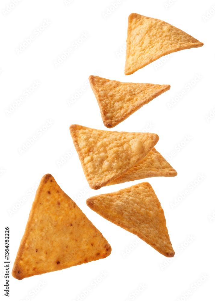 Crunchy Tortilla Chips Falling – Isolated on White Background, Transparent PNG, AI-Generated Crunchy Tortilla Chips Falling – Isolated on White Background, Transparent PNG, AI-Generated
