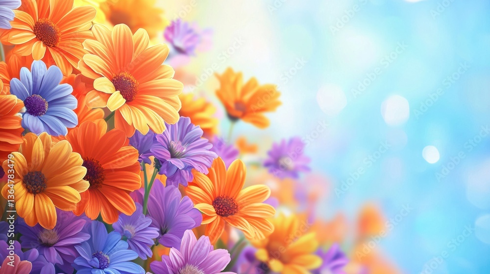 Fototapeta premium Colorful wildflower meadow with orange daisies under blue sky
