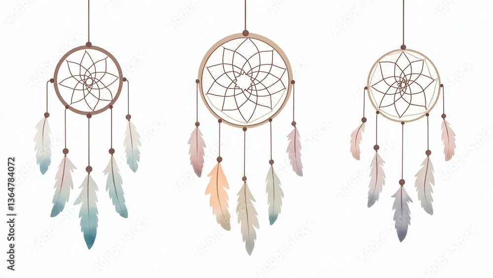 Ethereal watercolor dreamcatchers with soft feathers creating a mystical and calming decorative element in bohemian decor concept as Delicate watercolor illustration of ethereal dreamcatchers adorned Ethereal watercolor dreamcatchers with soft feathers creating a mystical and calming decorative element in bohemian decor concept as Delicate watercolor illustration of ethereal dreamcatchers adorned