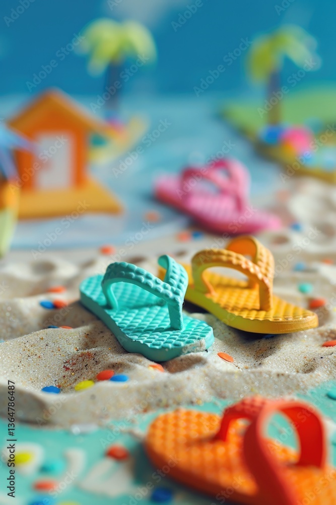 Fototapeta premium Colorful summer beach scene with miniature sandals and vibrant background,National Flip Flop Day
