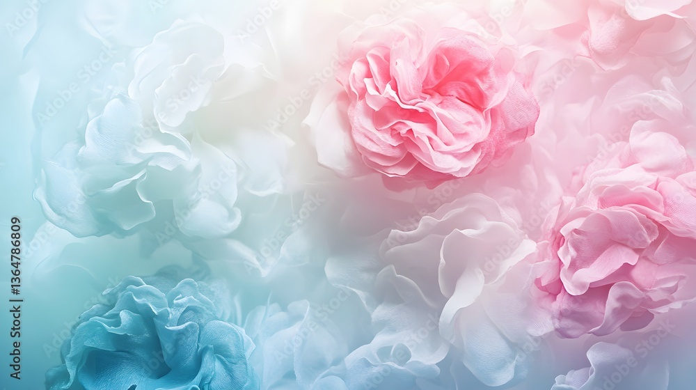 Fototapeta premium Soft pastel floral background, delicate pink and blue flowers blending with gentle clouds, ideal for romantic or serene themes.