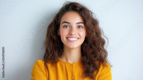 Cheerful and vibrant young woman with beautiful curly hair and a warm friendly smile posing in a studio setting against a plain wall background