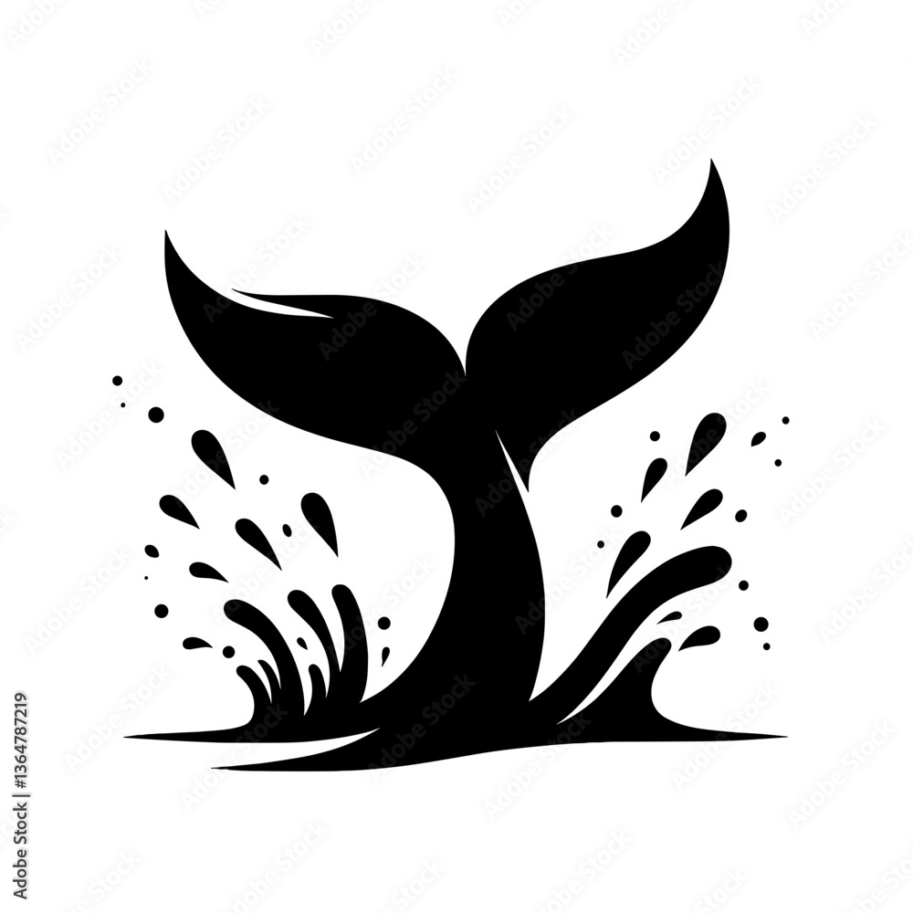 Naklejka premium Whale tail splashing water in black vector silhouette