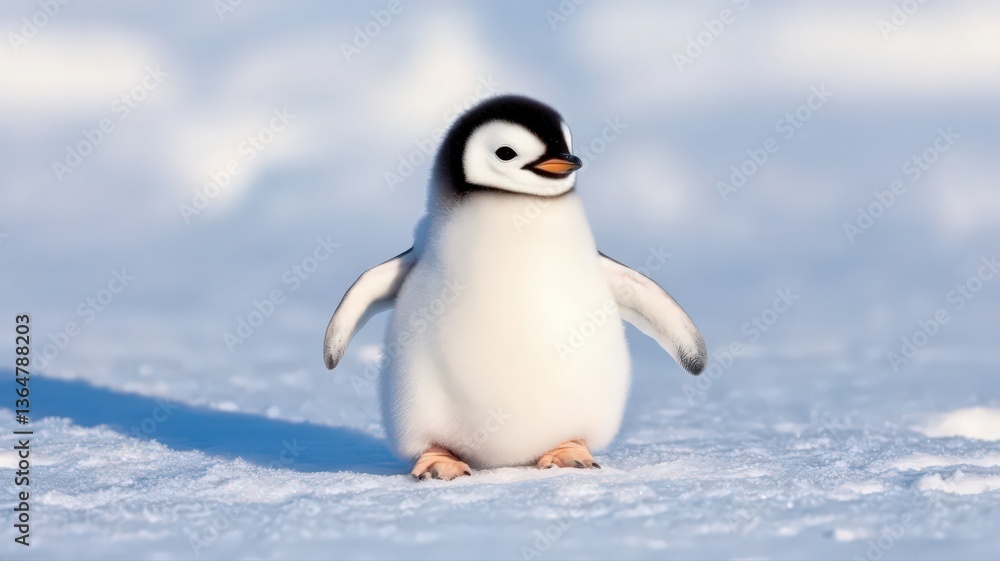 Fototapeta premium Adorable Fluffy Penguin Chick on Antarctic Snow