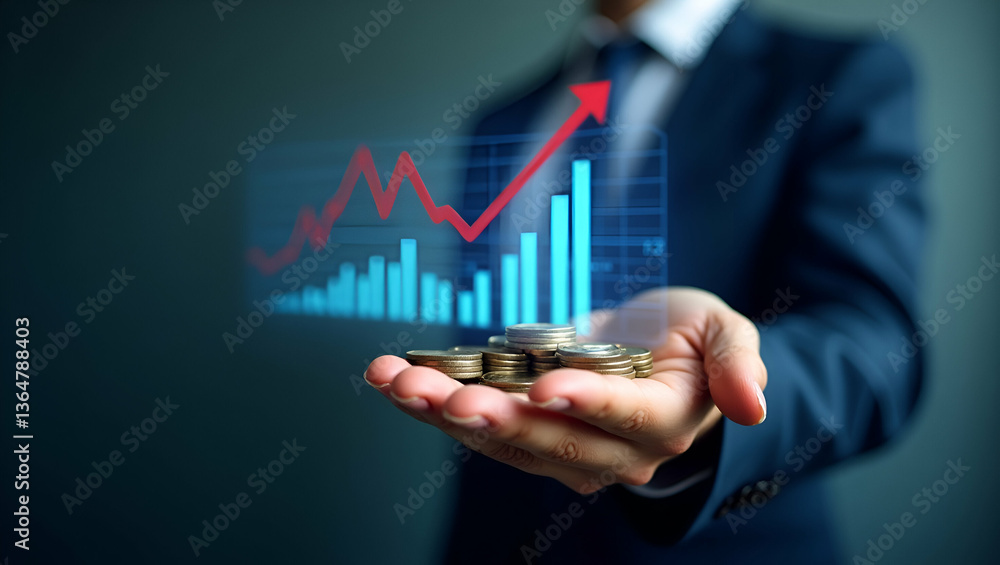 Investment and Finance: Businessman with Virtual Trading Graph and Coins Investment and Finance: Businessman with Virtual Trading Graph and Coins