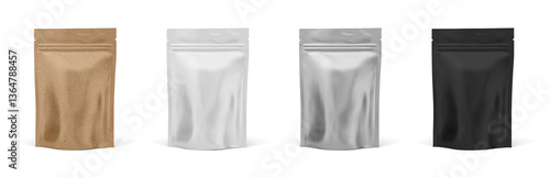 Foil pouch with zipper, doypack for food. Blank stand up plastic bags mockup. flex package with zip lock isolated on white background, 3d illustration