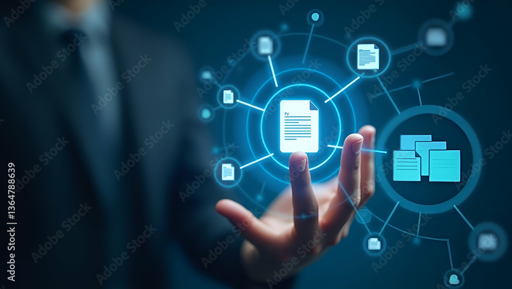 Flat Business hand interacting with virtual screen for document management utilizing online documentation databases digital file storage records keeping and document sharing systems concept as Busines Flat Business hand interacting with virtual screen for document management utilizing online documentation databases digital file storage records keeping and document sharing systems concept as Busines