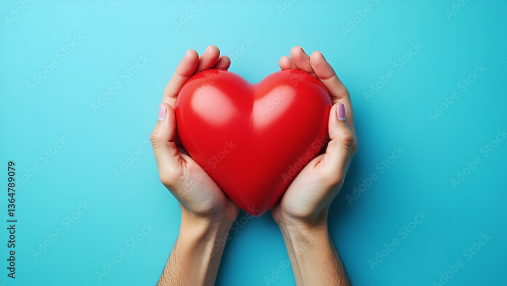 Flat Top View of Hands Holding a Red Heart: Celebrating World Heart Day, World Health Day, and National Organ Donor Day - A Symbol of Healthcare Wellbeing and Life Insurance on a Blue Background Flat Top View of Hands Holding a Red Heart: Celebrating World Heart Day, World Health Day, and National Organ Donor Day - A Symbol of Healthcare Wellbeing and Life Insurance on a Blue Background