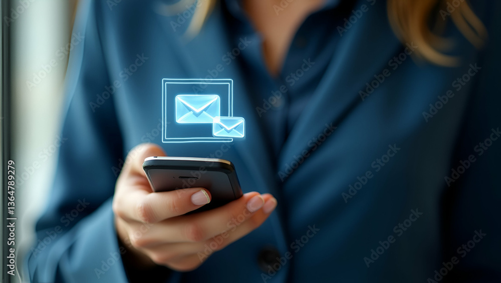 Boost Workplace Efficiency: Woman with Smartphone Email Alerts in Action Boost Workplace Efficiency: Woman with Smartphone Email Alerts in Action