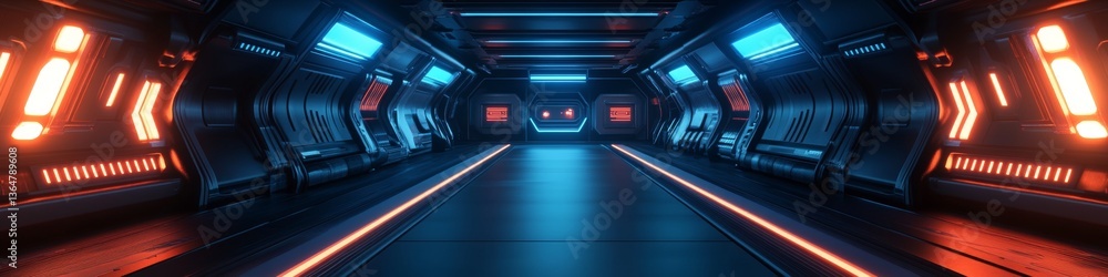 Fototapeta premium Futuristic Tunnel, Blue and Orange Neon Lights, Technology Concept., High Resolution Photography