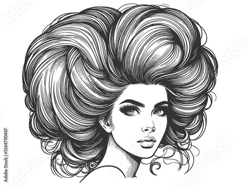 woman with an enormous, intricately curled hairstyle, blending surrealism, elegance, and vintage artistic style sketch engraving generative ai vector illustration. Scratch board. Black and white image