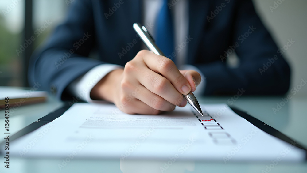 Businessman Approving Project Concepts with Pen on Quality Document Control Checklist - Stock Photo Businessman Approving Project Concepts with Pen on Quality Document Control Checklist - Stock Photo