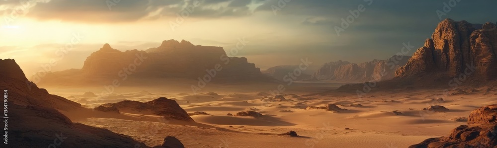 Obraz premium Desert landscape with mountains and sun shining through clouds