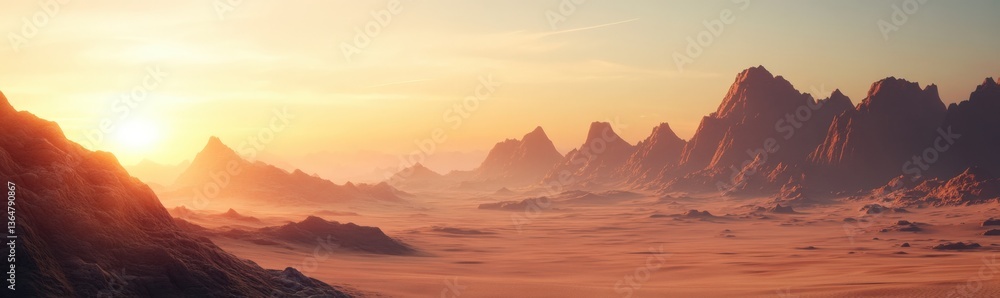 Obraz premium Desert landscape with mountains and sun shining through clouds