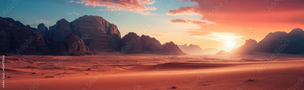 Desert landscape with mountains and sun shining through clouds Desert landscape with mountains and sun shining through clouds