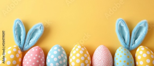 Easter banner displaying pastel polka dot eggs on sunny yellow background