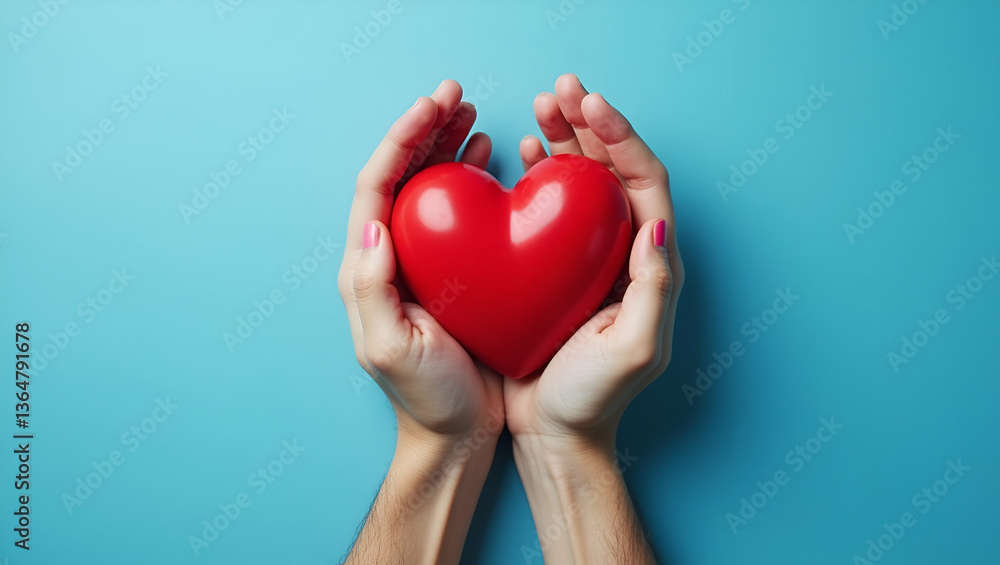 Top View of Hands Holding a Red Heart on Blue Background: Symbolizing Healthcare, Wellbeing, Organ Donation, and Life Insurance for World Heart Day, World Health Day, and National Organ Donor Day Top View of Hands Holding a Red Heart on Blue Background: Symbolizing Healthcare, Wellbeing, Organ Donation, and Life Insurance for World Heart Day, World Health Day, and National Organ Donor Day