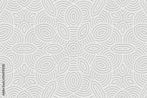 Geometric white background, tribal cover design, ethnic banner for design. Embossed abstract 3d pattern. Relief texture. Ornaments, arabesques, mandala of the East, Asia, India, Mexico, Aztec, Peru.