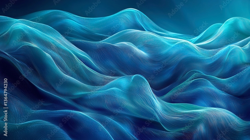 Abstract rendering showing flowing stylized undulating blue and teal waves Abstract rendering showing flowing stylized undulating blue and teal waves