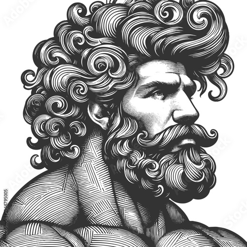 gentleman with an incredibly large, curly hairstyle, blending humor, surrealism, and vintage artistic style sketch engraving generative ai vector illustration. Scratch board. Black and white image.